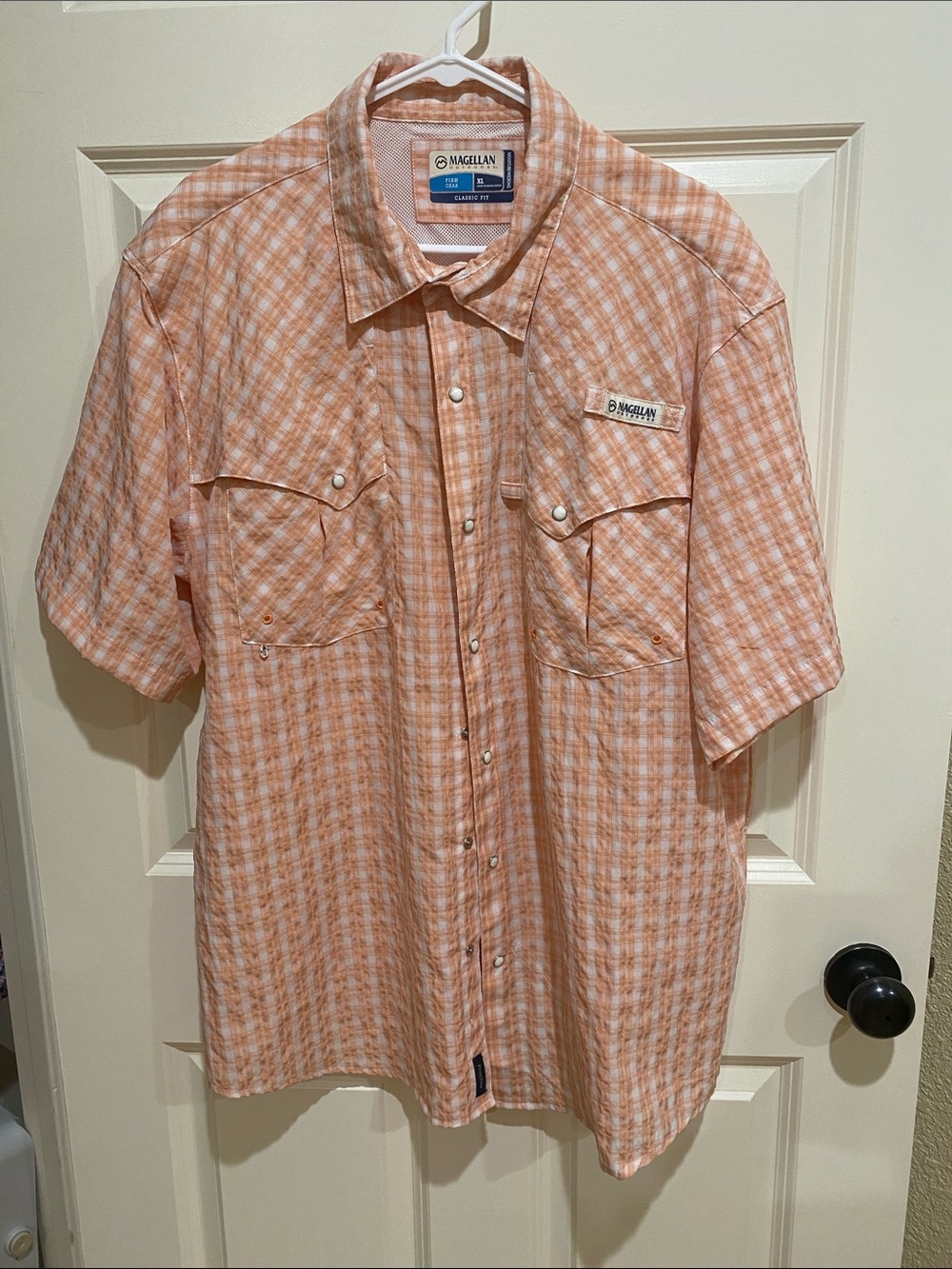 Magellan Outdoors Men's Short-Sleeve Plaid Button-Up Shirt - Peach White
